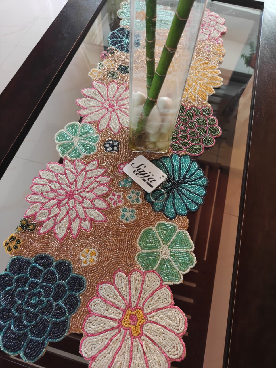 Elegant Floral Blue Bloom Handwork Beads Table Runner