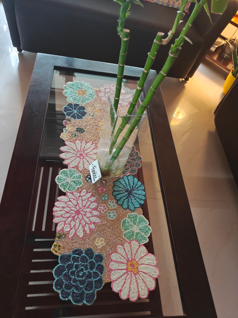 Elegant Floral Blue Bloom Handwork Beads Table Runner