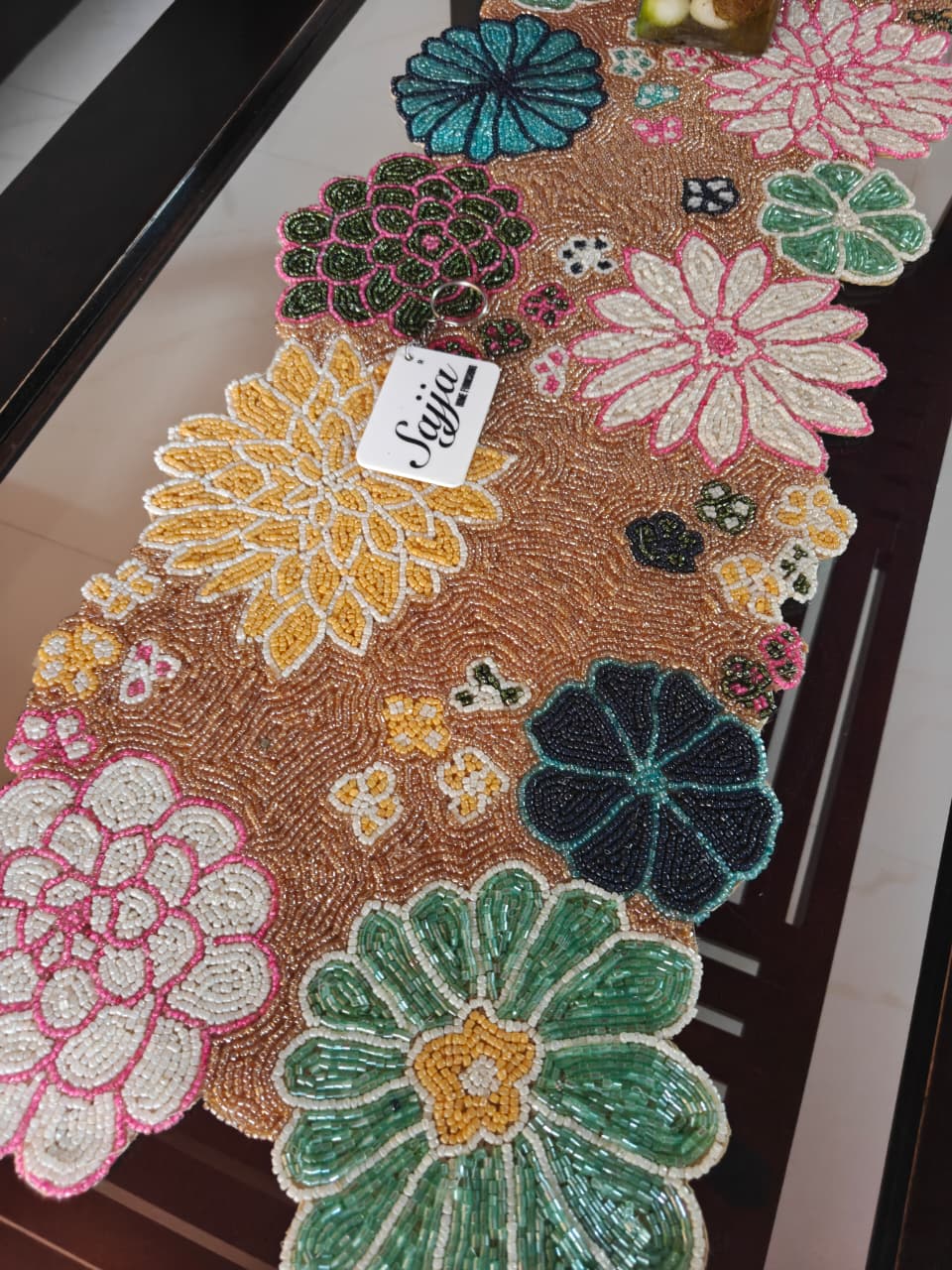 Elegant Floral Blue Bloom Handwork Beads Table Runner