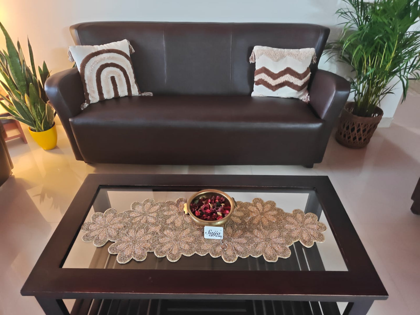 Classic Golden Bronze Handwoven Beaded Table Runner