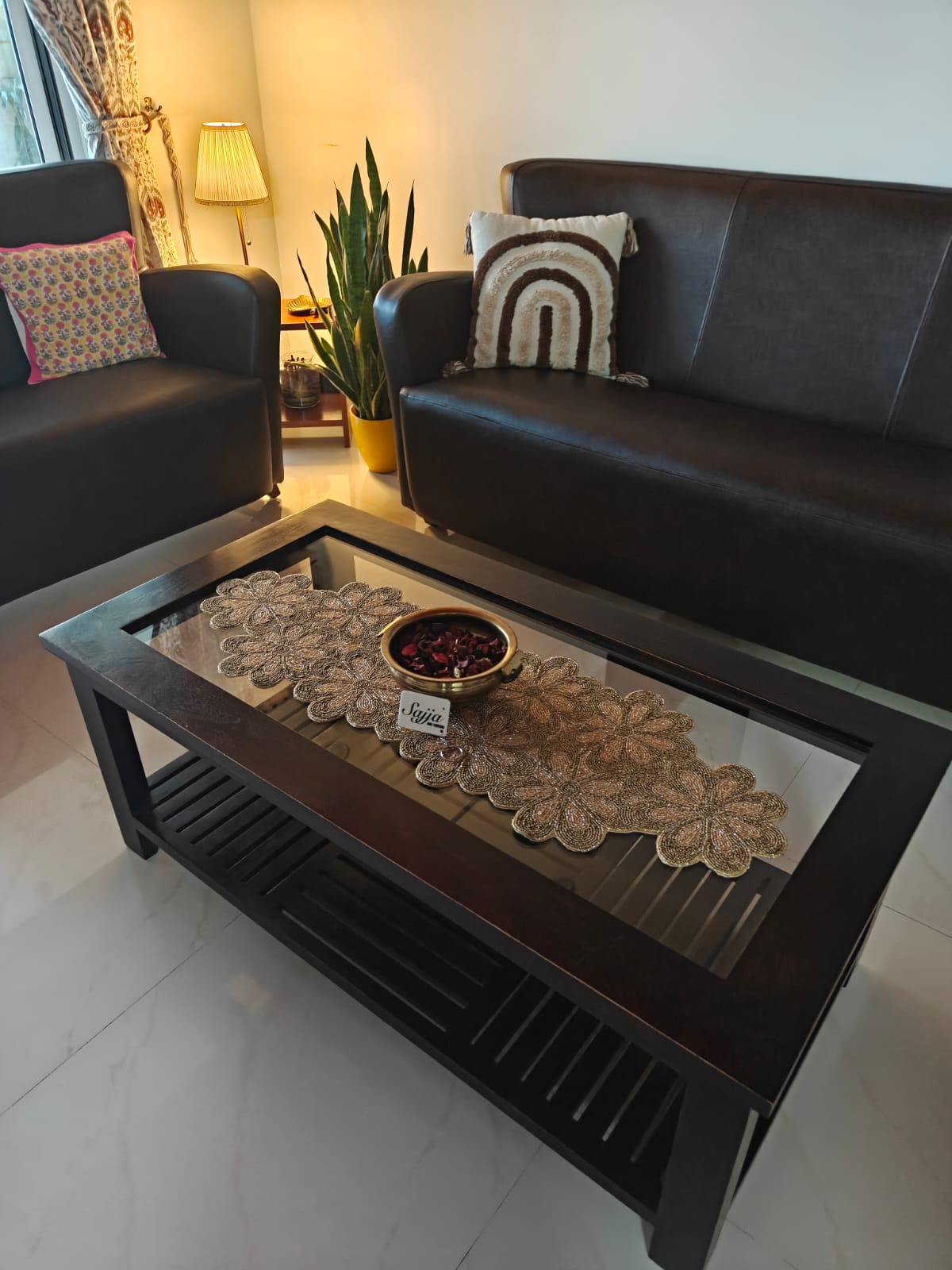 Classic Golden Bronze Handwoven Beaded Table Runner