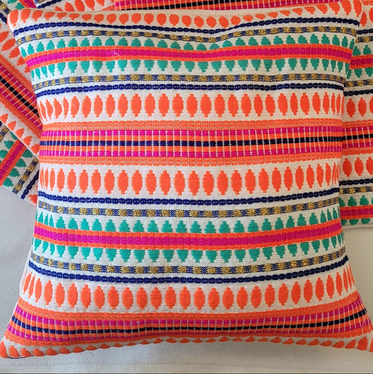 Boho Jacquard Hand Woven Orange Green Small Cushion Cover 12 x 12 inches 1 piece