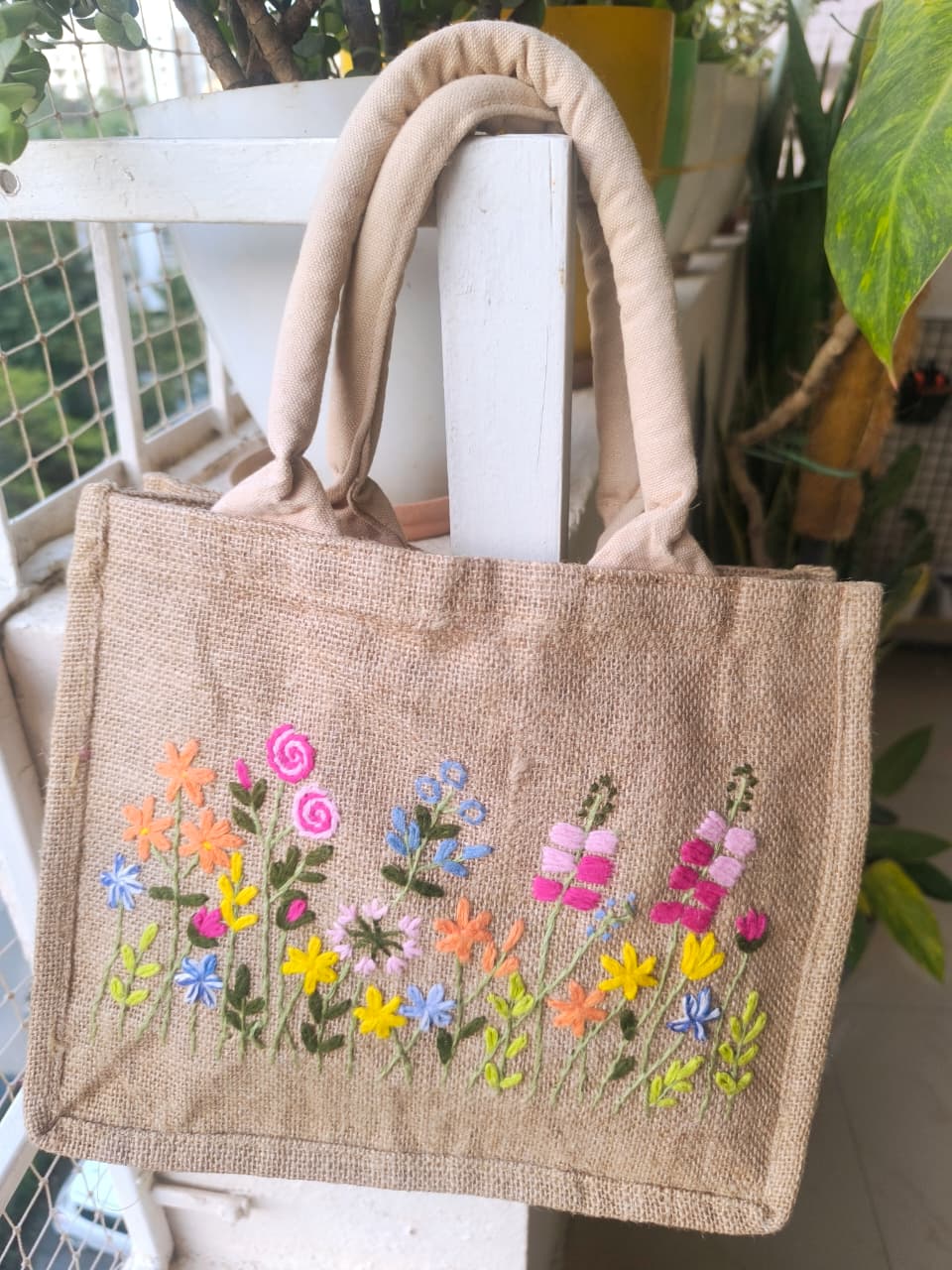 Designer Hand embroidered Jute Small Mode Tote bag Shopping Bag