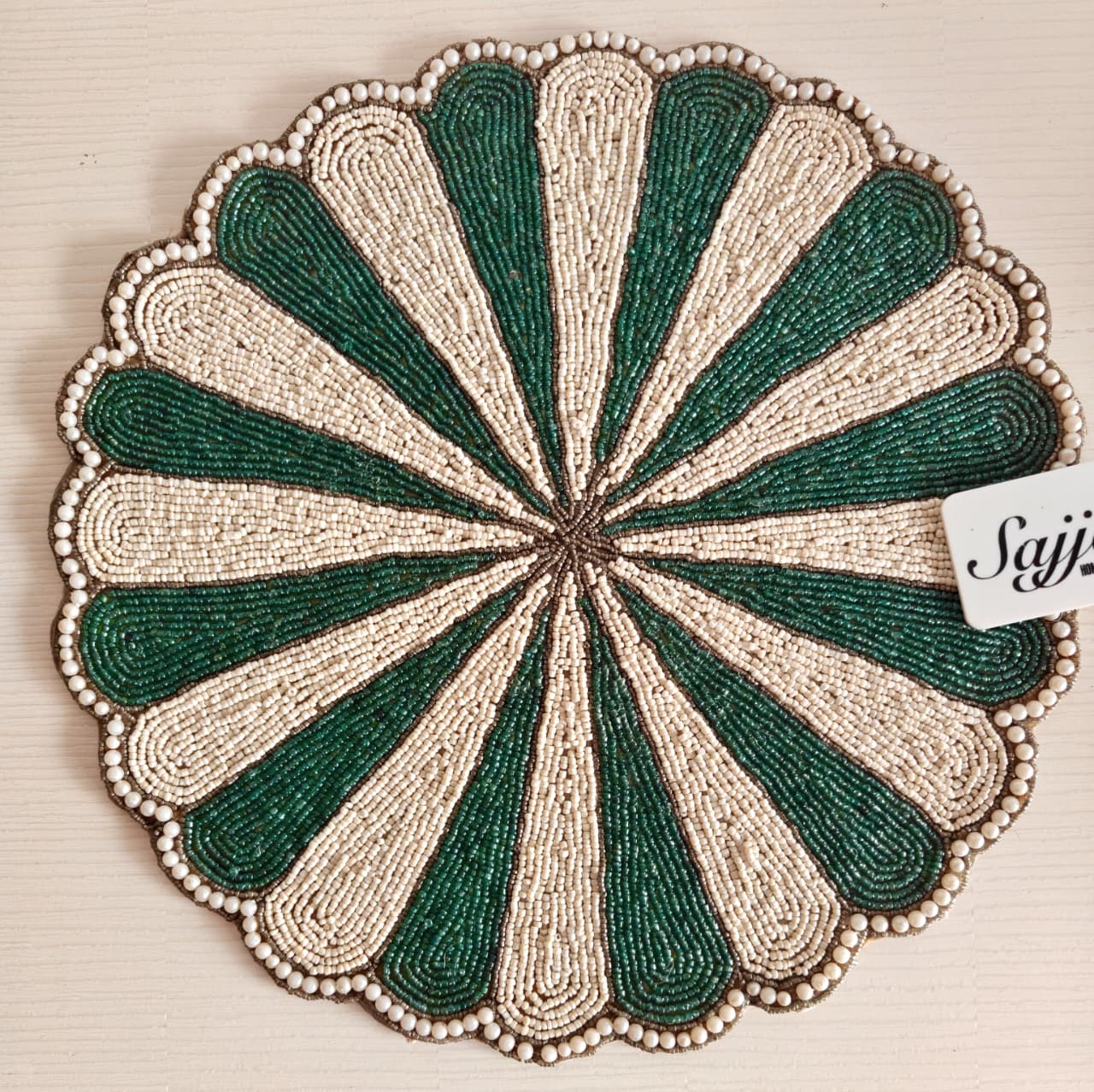 Beautiful Circle Of Life Round Sage Green Beaded Placemat Beads Mat