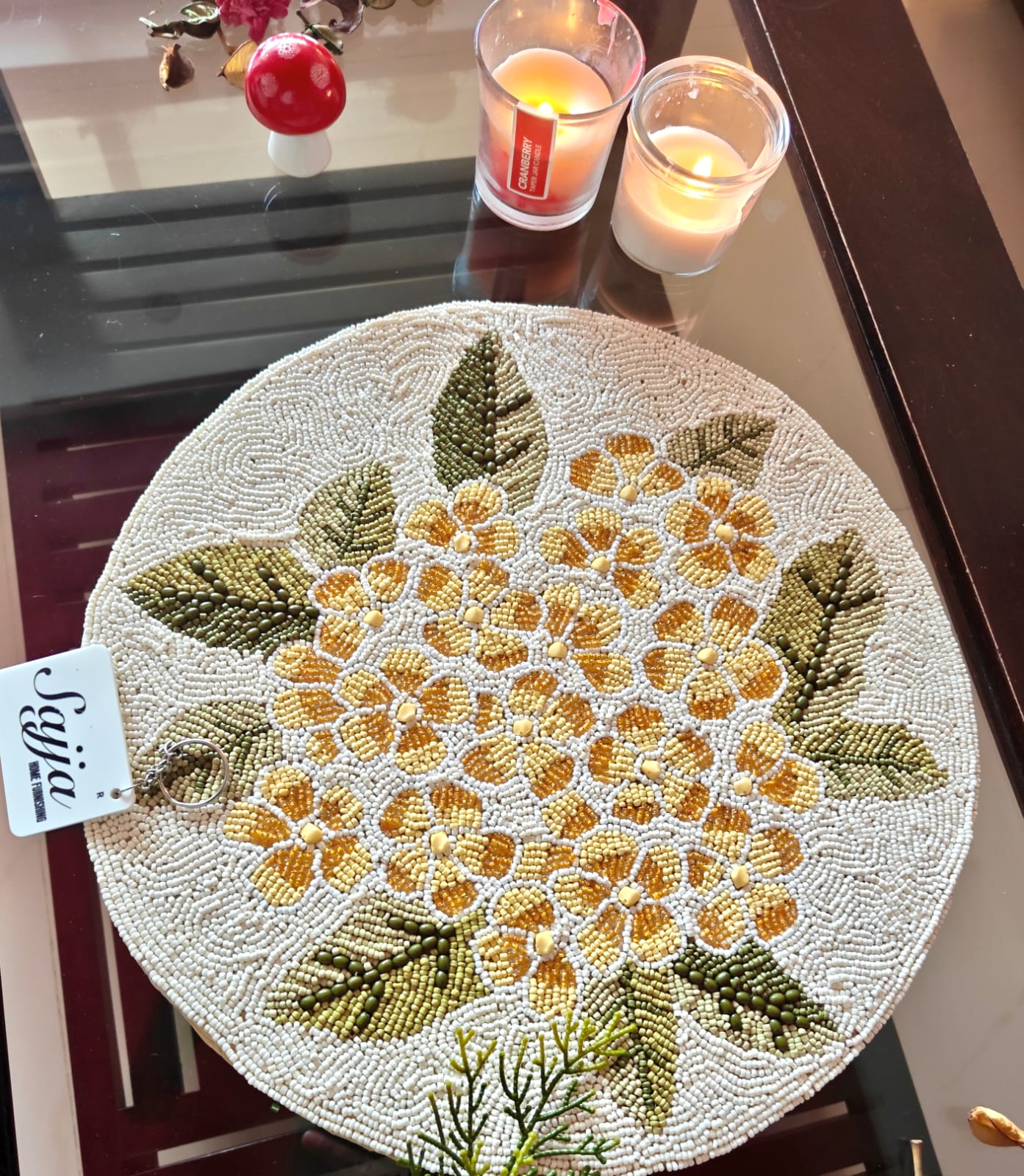Handmade Floral Yellow Ivory Round Beads Table Mat