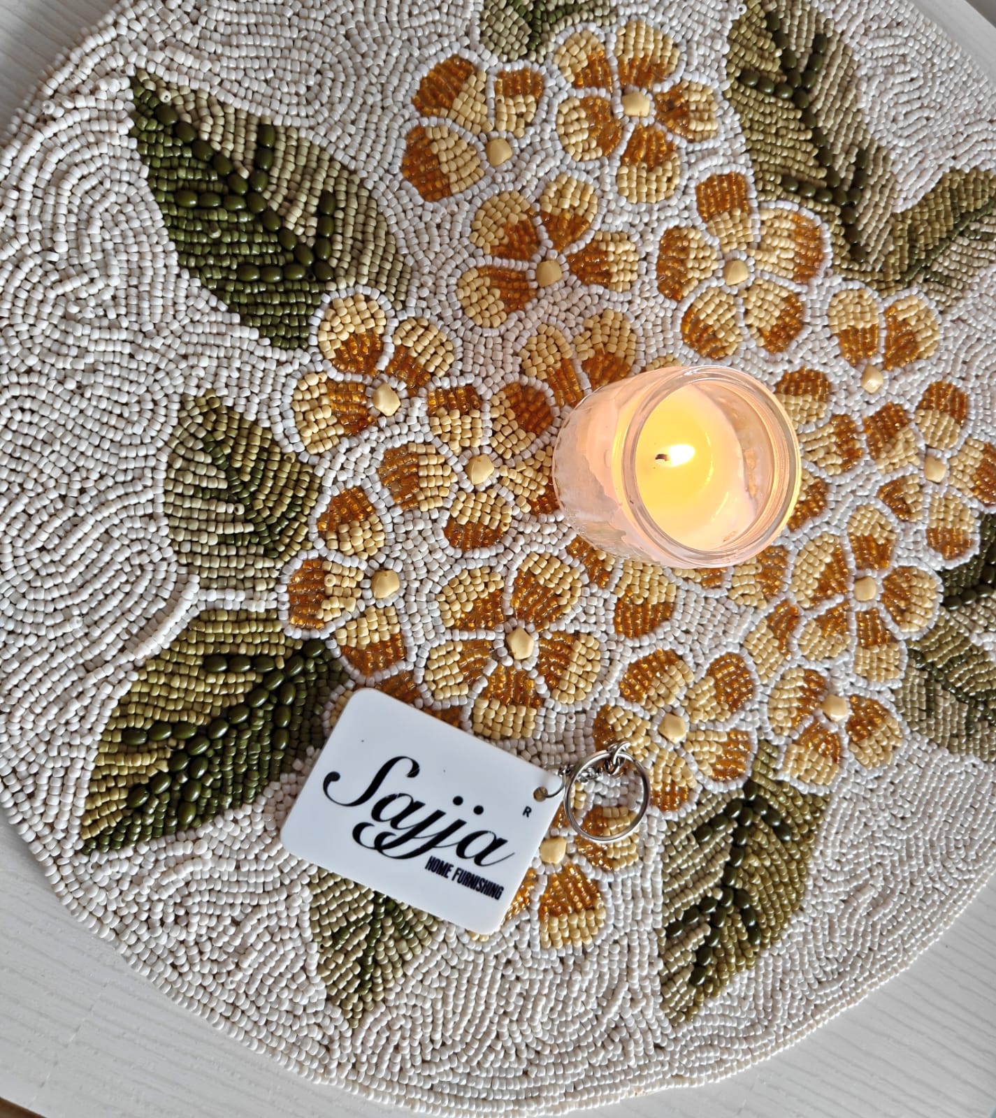 Handmade Floral Yellow Ivory Round Beads Table Mat