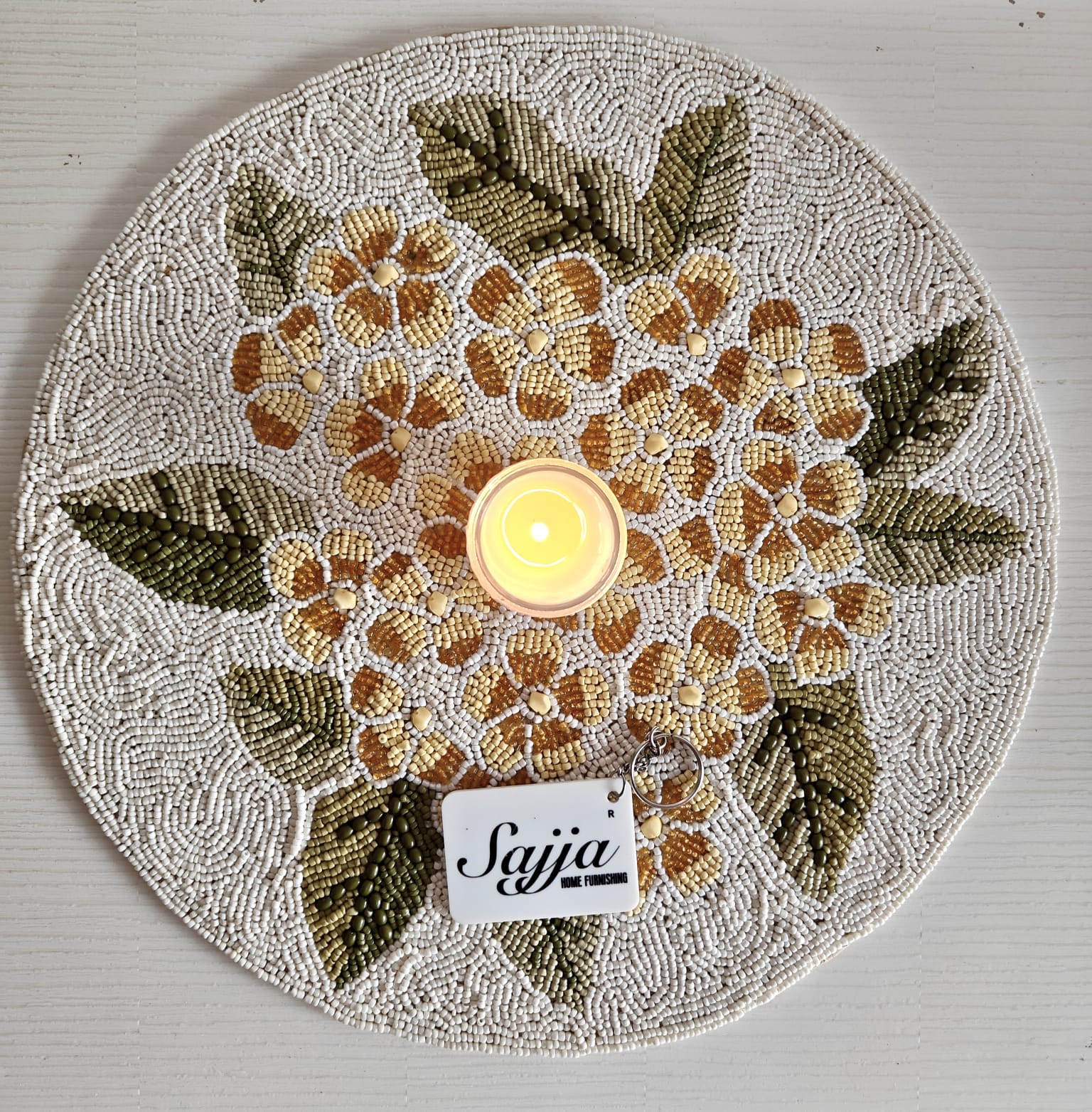 Handmade Floral Yellow Ivory Round Beads Table Mat