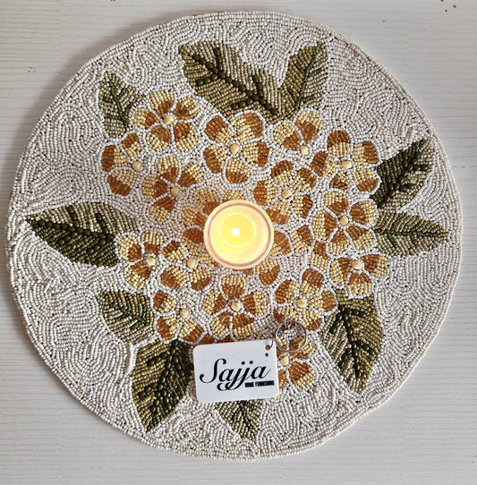 Handmade Floral Yellow Ivory Round Beads Table Mat