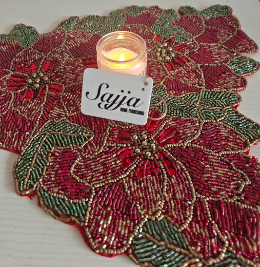 Designer Regal Handcrafted Floral Poinsettia Beaded Glass Placemat Table Mat