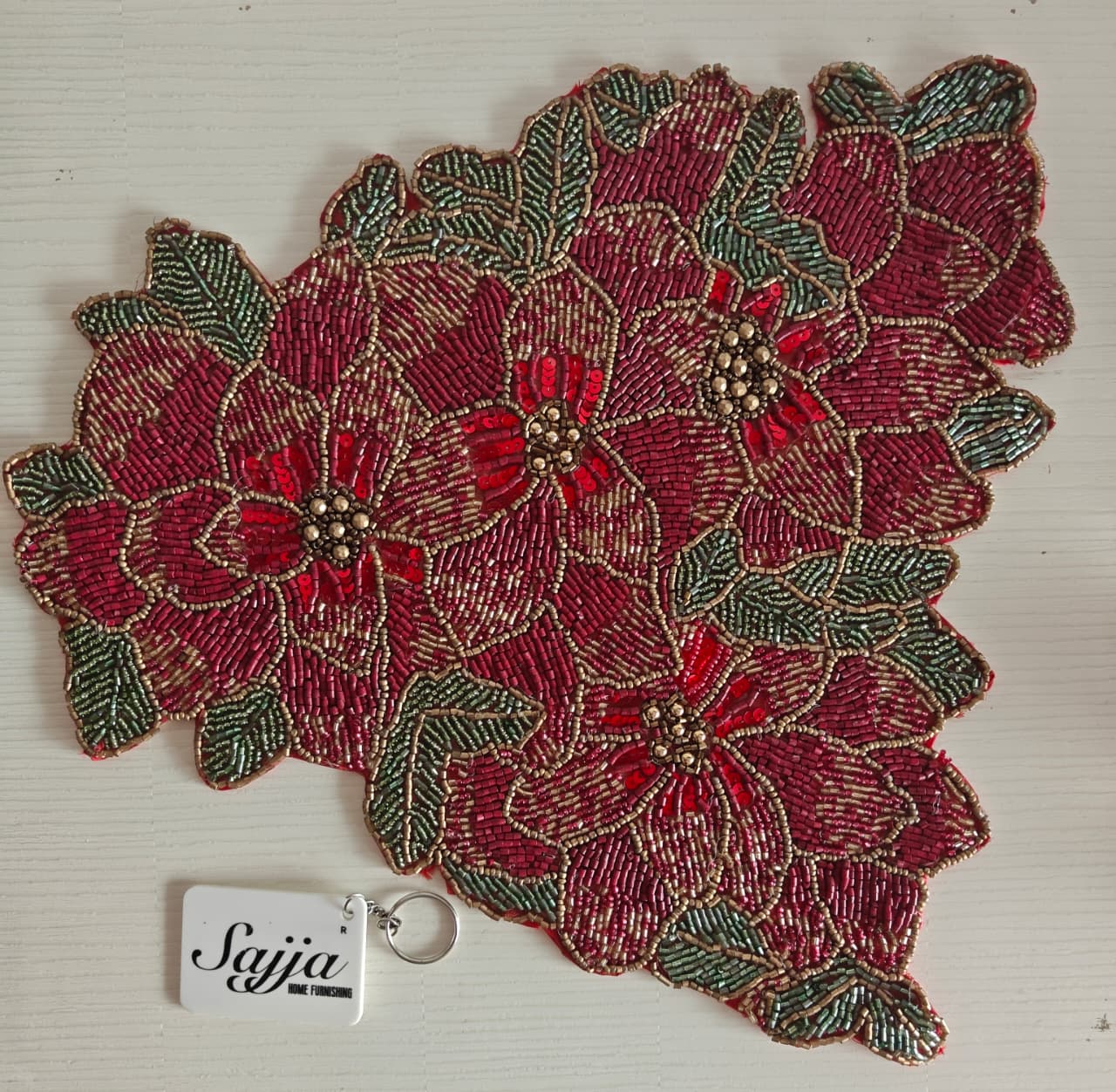 Designer Regal Handcrafted Floral Poinsettia Beaded Glass Placemat Table Mat