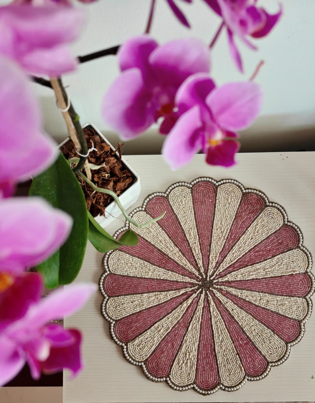 Beautiful Circle Of Life Round Blush Pink Beaded Placemat Beads Mat