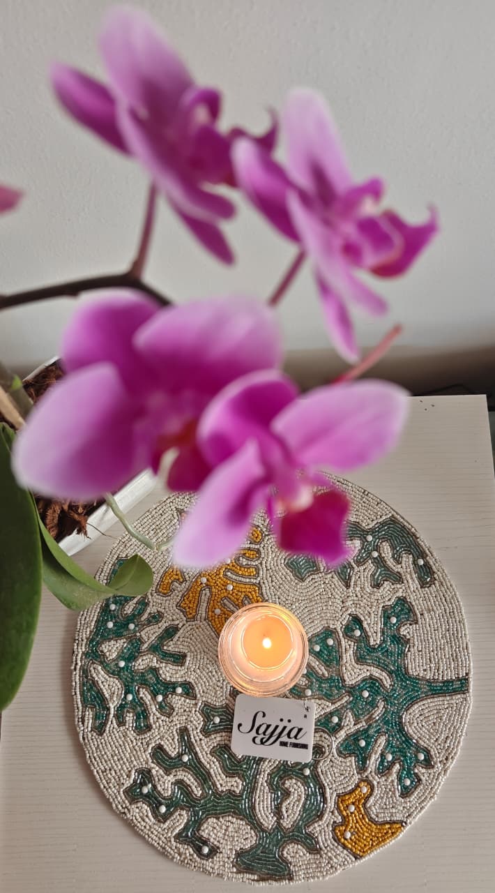 Designer Jade Yellow Ivory Floral Coral Beads Table Mat Trivet