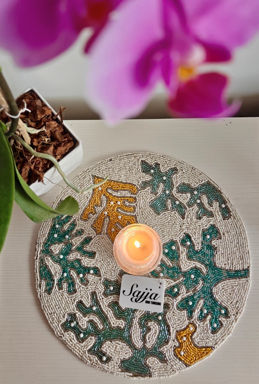 Designer Jade Yellow Ivory Floral Coral Beads Table Mat Trivet
