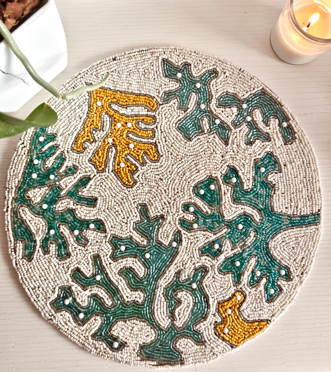 Designer Jade Yellow Ivory Floral Coral Beads Table Mat Trivet