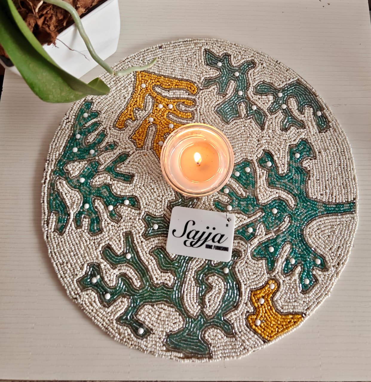 Designer Jade Yellow Ivory Floral Coral Beads Table Mat Trivet