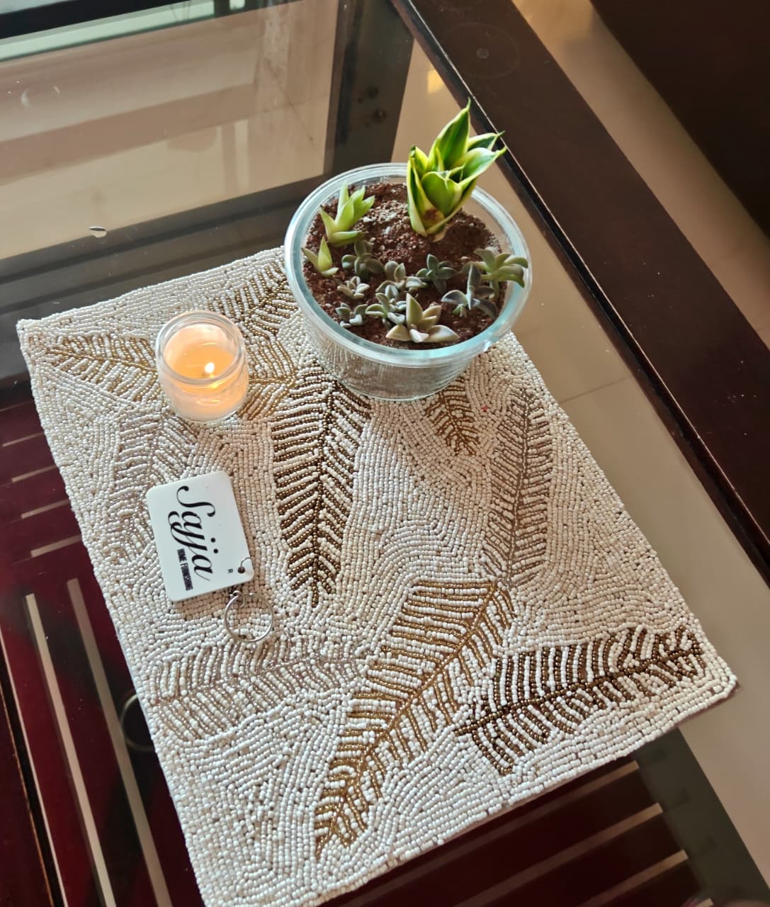 Handcrafted Bright Ivory Brass Silver Beads Table Mat