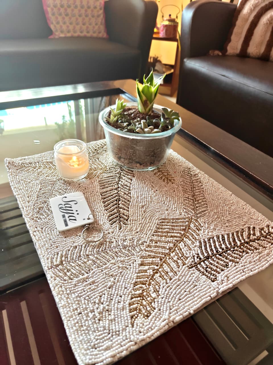 Handcrafted Bright Ivory Brass Silver Beads Table Mat