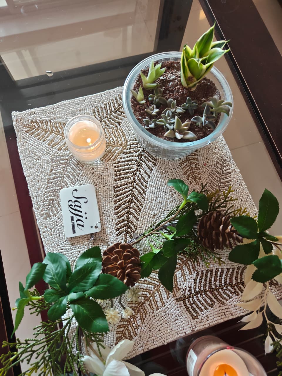 Handcrafted Bright Ivory Brass Silver Beads Table Mat