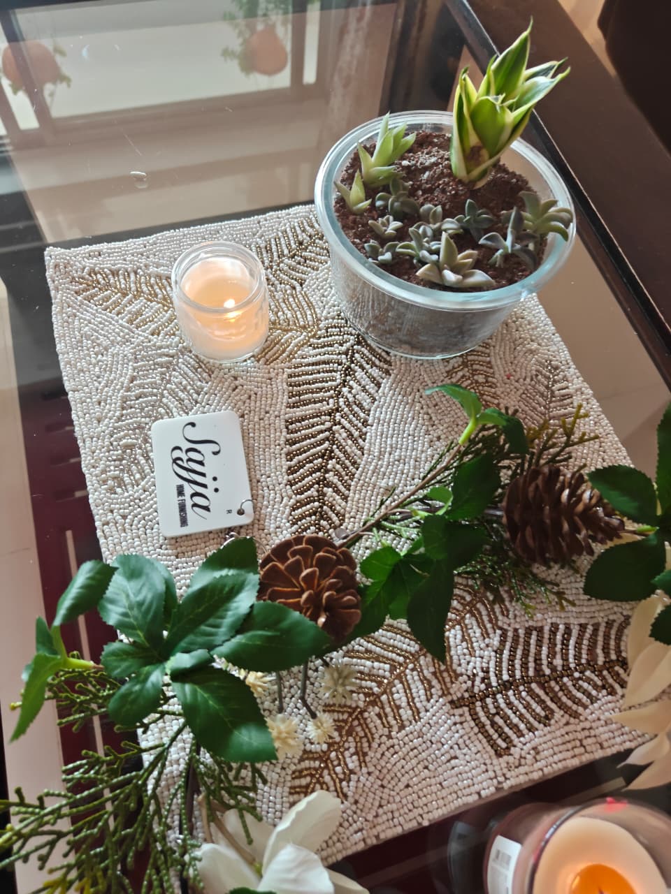 Handcrafted Bright Ivory Brass Silver Beads Table Mat