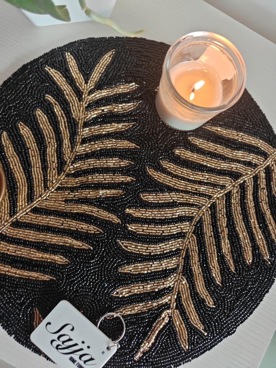 Vintage Black Golden Beaded Round Handwoven Table Mat Placemat