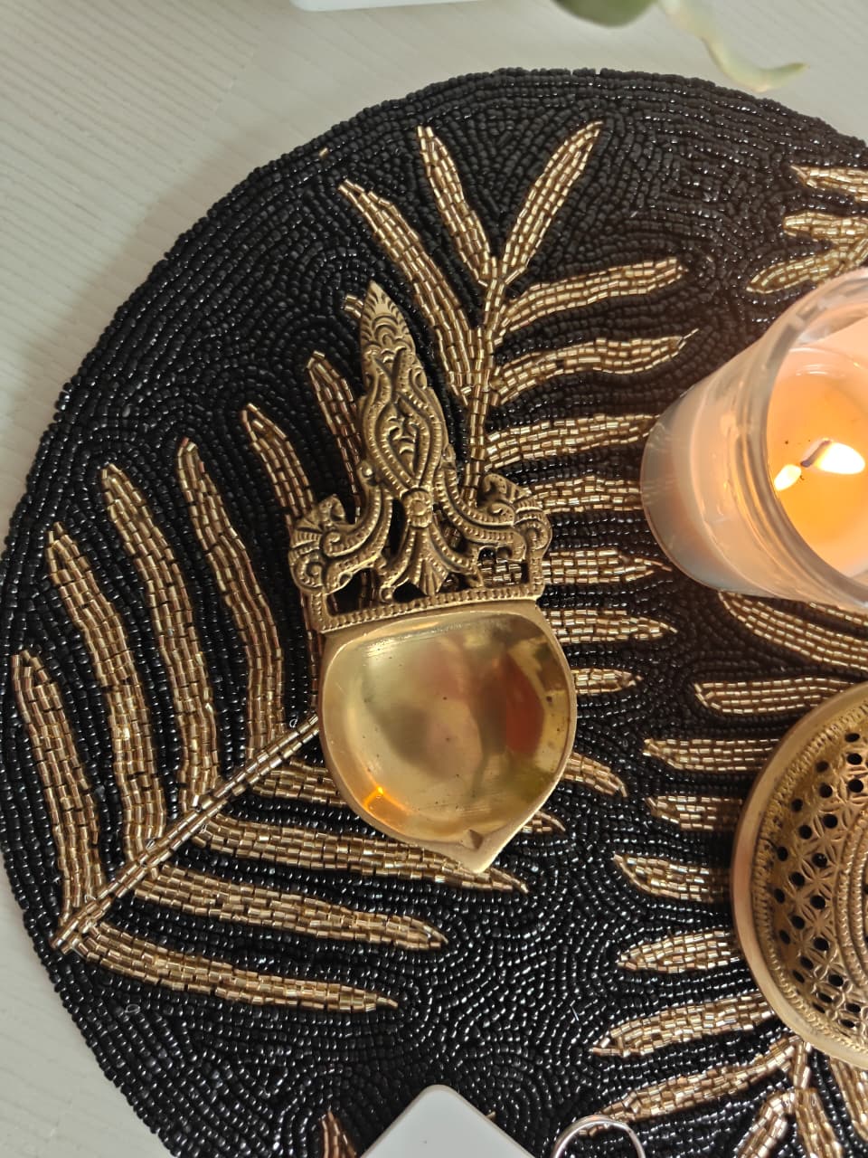 Vintage Black Golden Beaded Round Handwoven Table Mat Placemat