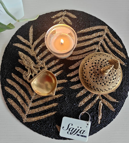 Vintage Black Golden Beaded Round Handwoven Table Mat Placemat