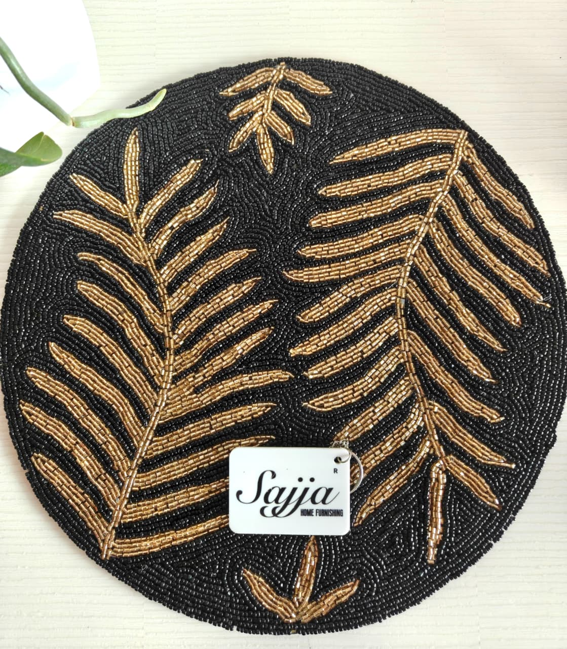 Vintage Black Golden Beaded Round Handwoven Table Mat Placemat