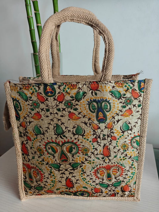 Decorative jute bag with floral pattern on a light background