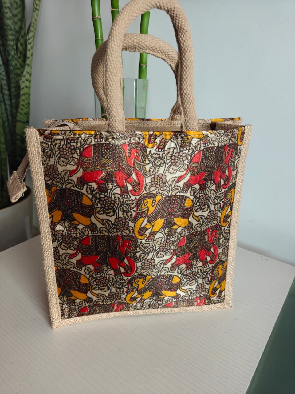 Buy Kalamkari Hatti Abstract Silk Jute Gifting Bag | Handcrafted Lunch Bags