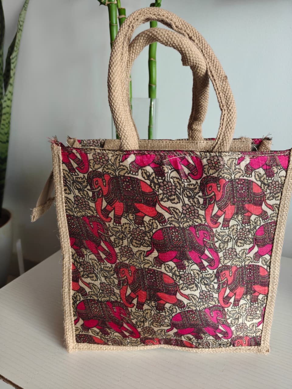 Buy Kalamkari Hatti Pink Wine Abstract Silk Jute Gifting Bag | Handcrafted Lunch Bags