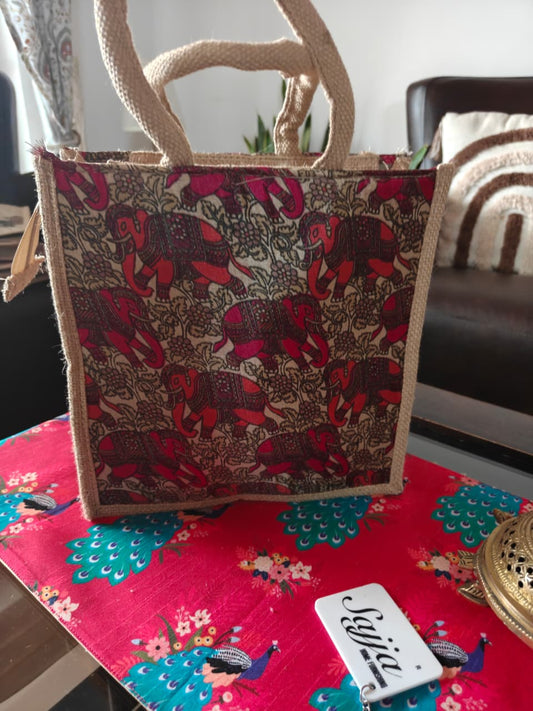 Buy Kalamkari Hatti Pink Wine Abstract Silk Jute Gifting Bag | Handcrafted Lunch Bags