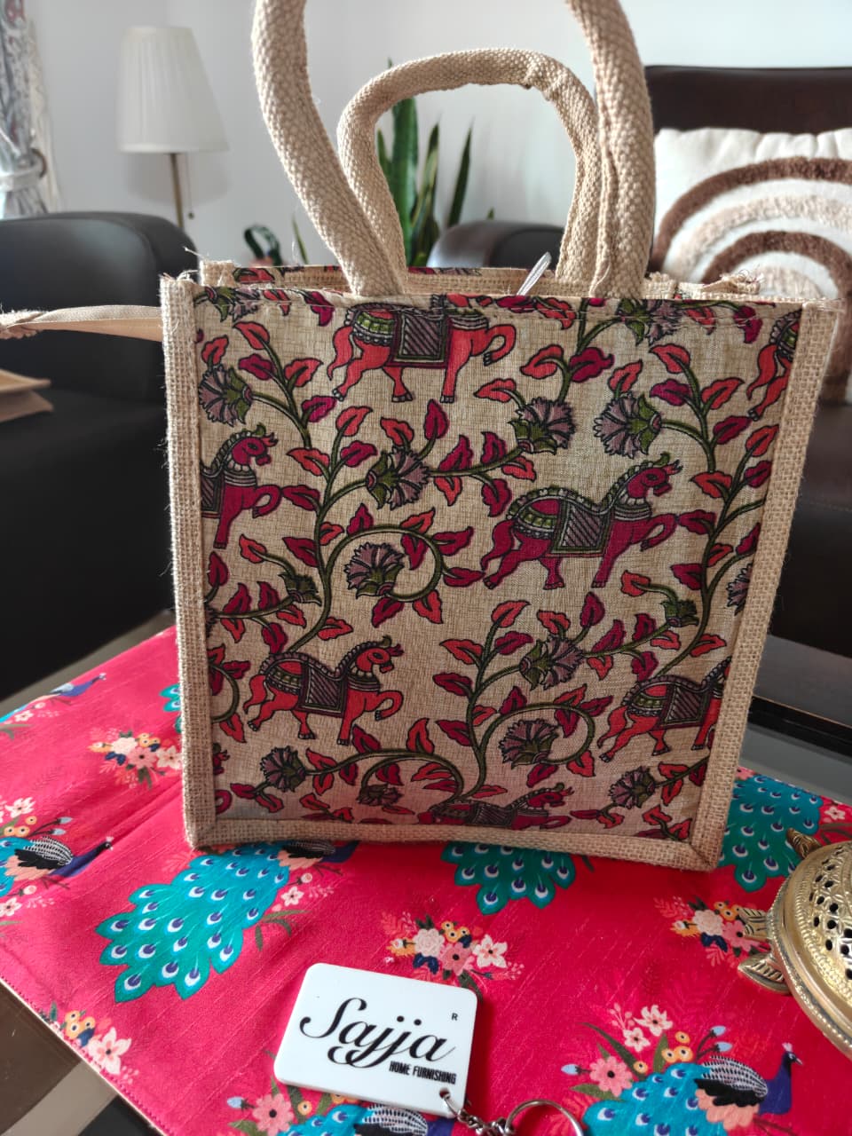 Colorful Horse Printed Jute Bag – Eco-Friendly Gift Bag Lunch Bag