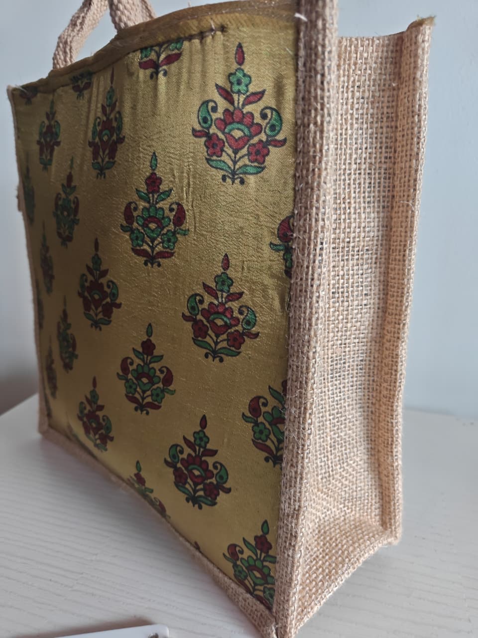 Vintage Motif Golden Silk Jute Gifting Bags | Eco friendly Handcrafted Lunch Bag