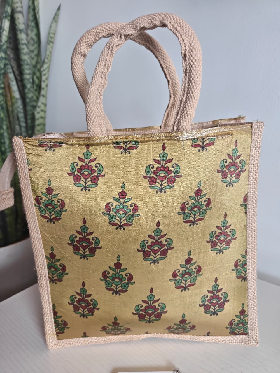 Vintage Motif Golden Silk Jute Gifting Bags | Eco friendly Handcrafted Lunch Bag