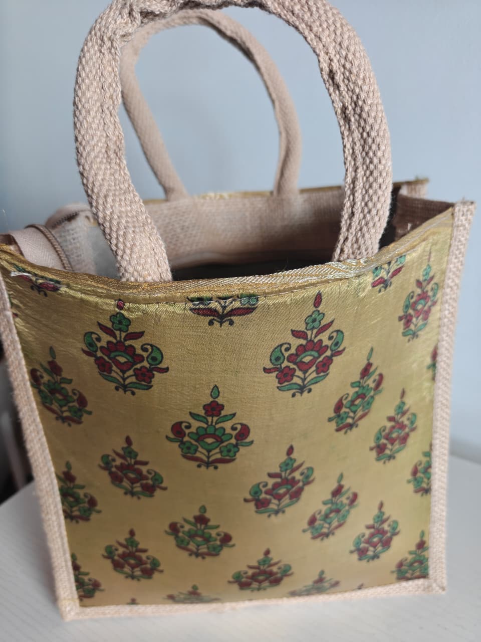 Vintage Motif Golden Silk Jute Gifting Bags | Eco friendly Handcrafted Lunch Bag