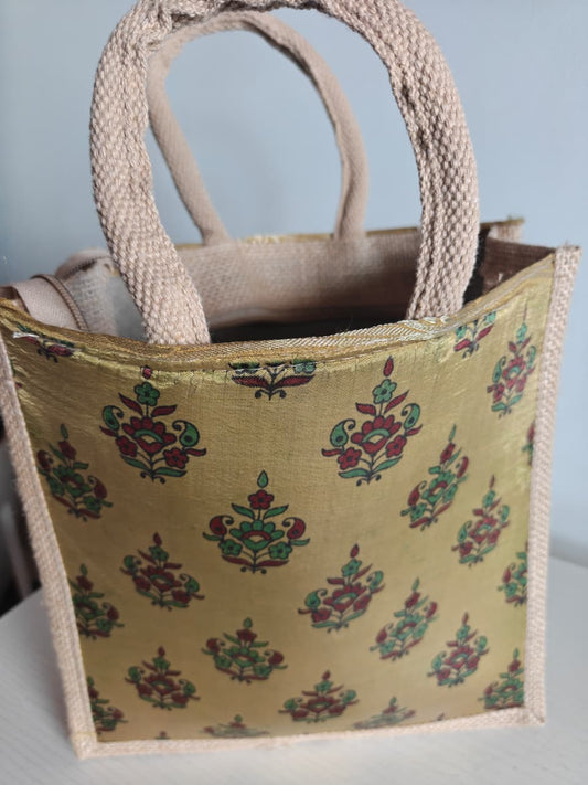 Vintage Motif Golden Silk Jute Gifting Bags | Eco friendly Handcrafted Lunch Bag