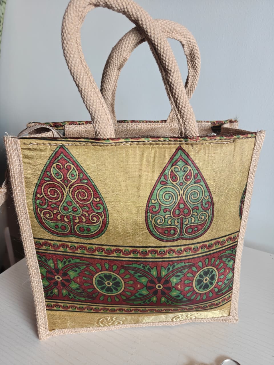 Vintage Motif  Silk Jute Gifting Bags | Eco friendly Handcrafted Lunch Bag