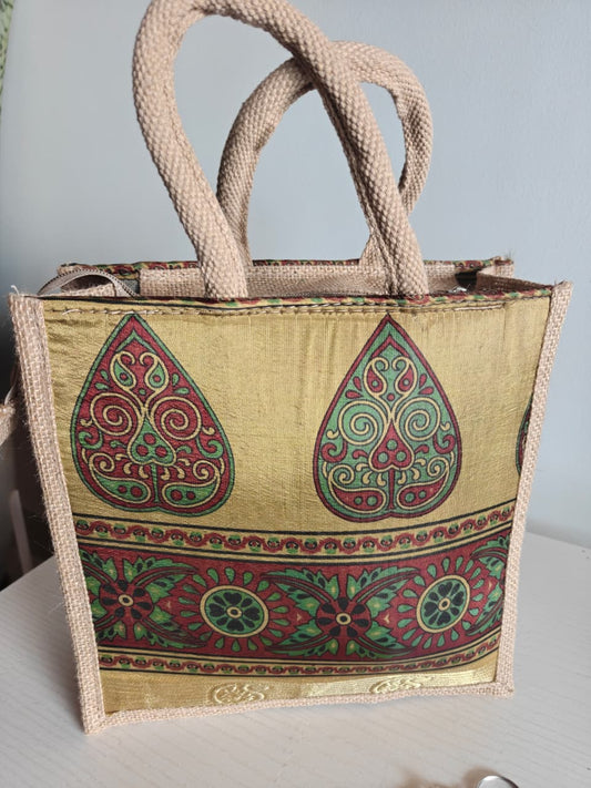 Vintage Motif  Silk Jute Gifting Bags | Eco friendly Handcrafted Lunch Bag