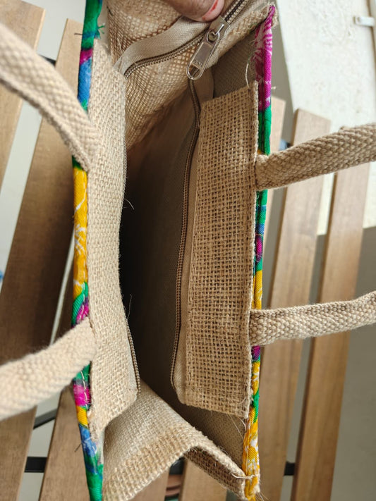 Stylish Floral Silk Jute Gifting Bag | Eco friendly Handcrafted Lunch Bags