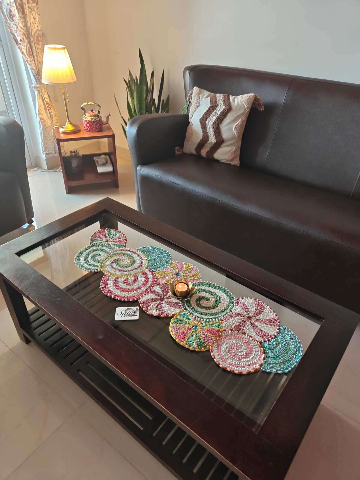 Elegant Multicolor Colour Burst Leaves Beaded Table Runner