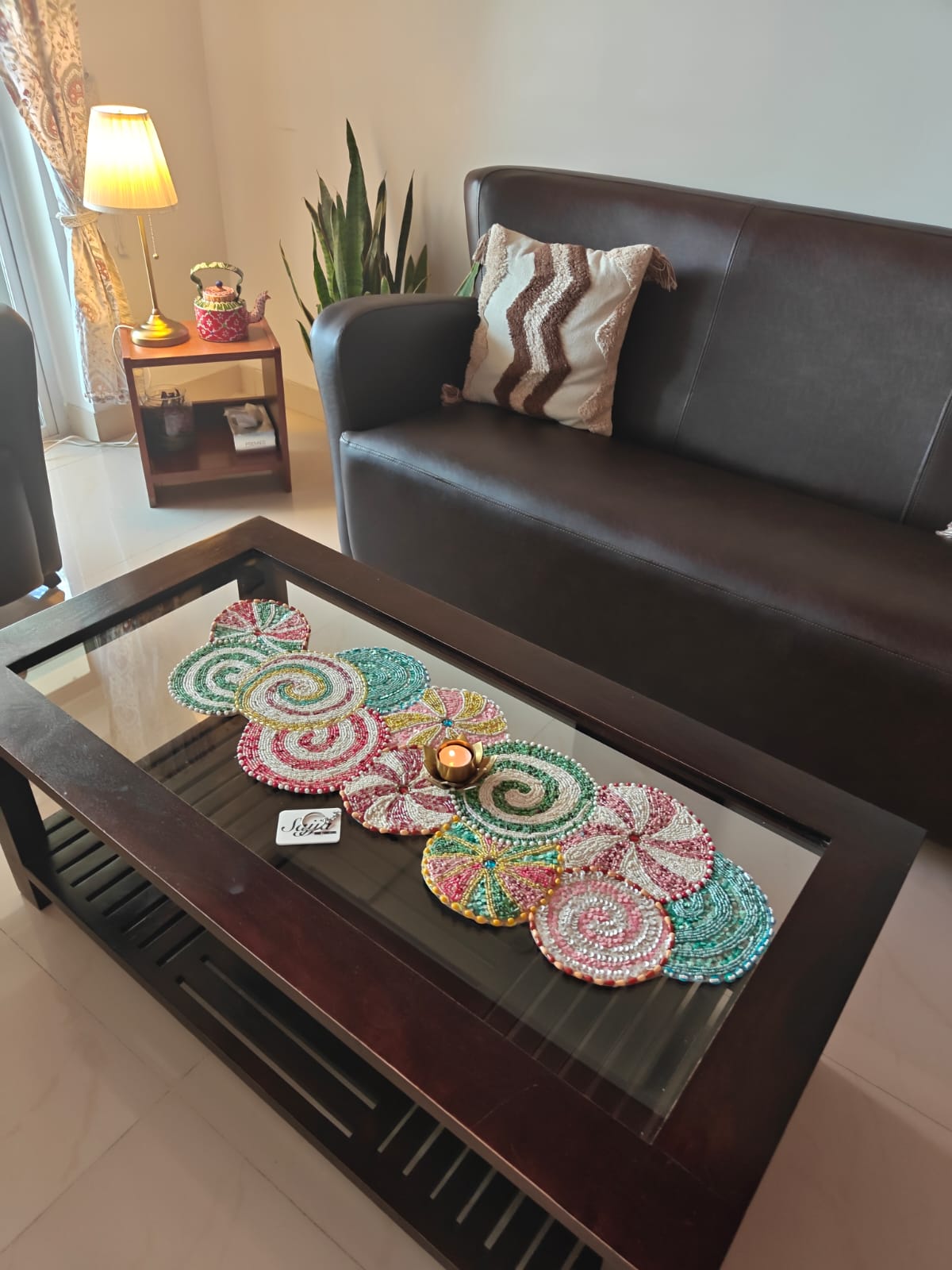 Elegant Multicolor Colour Burst Leaves Beaded Table Runner