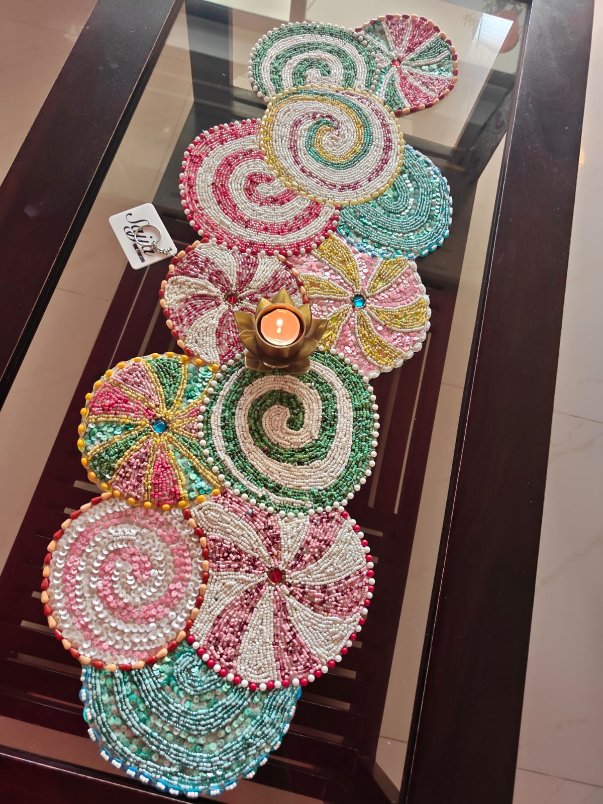 Elegant Multicolor Colour Burst Leaves Beaded Table Runner