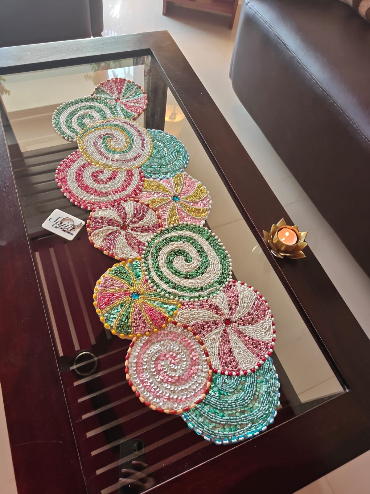 Elegant Multicolor Colour Burst Leaves Beaded Table Runner