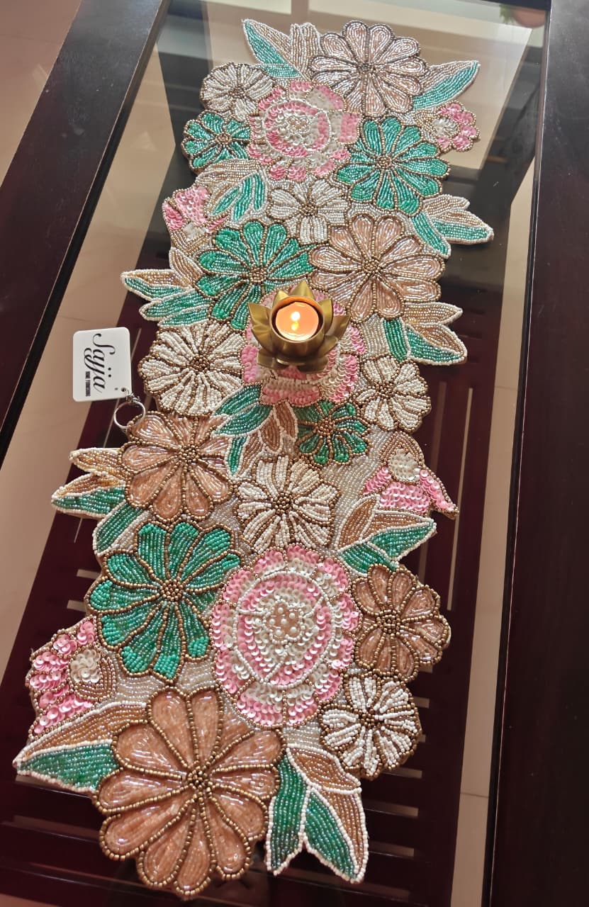 Garden Of Roses Flower White Based Beads Table Runner