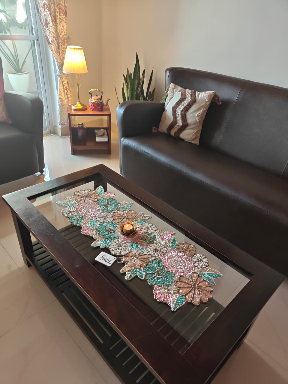 Garden Of Roses Flower White Based Beads Table Runner