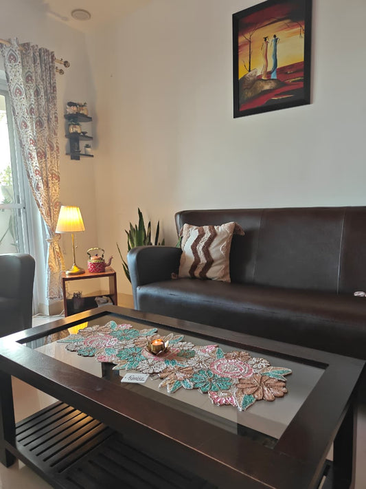 Garden Of Roses Flower White Based Beads Table Runner