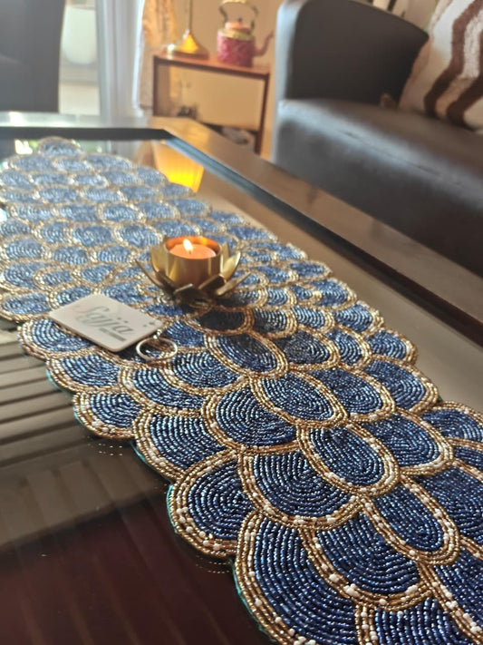 Vintage Gold And Blue Teal Handmade Glass Beads Decorative Table Runner