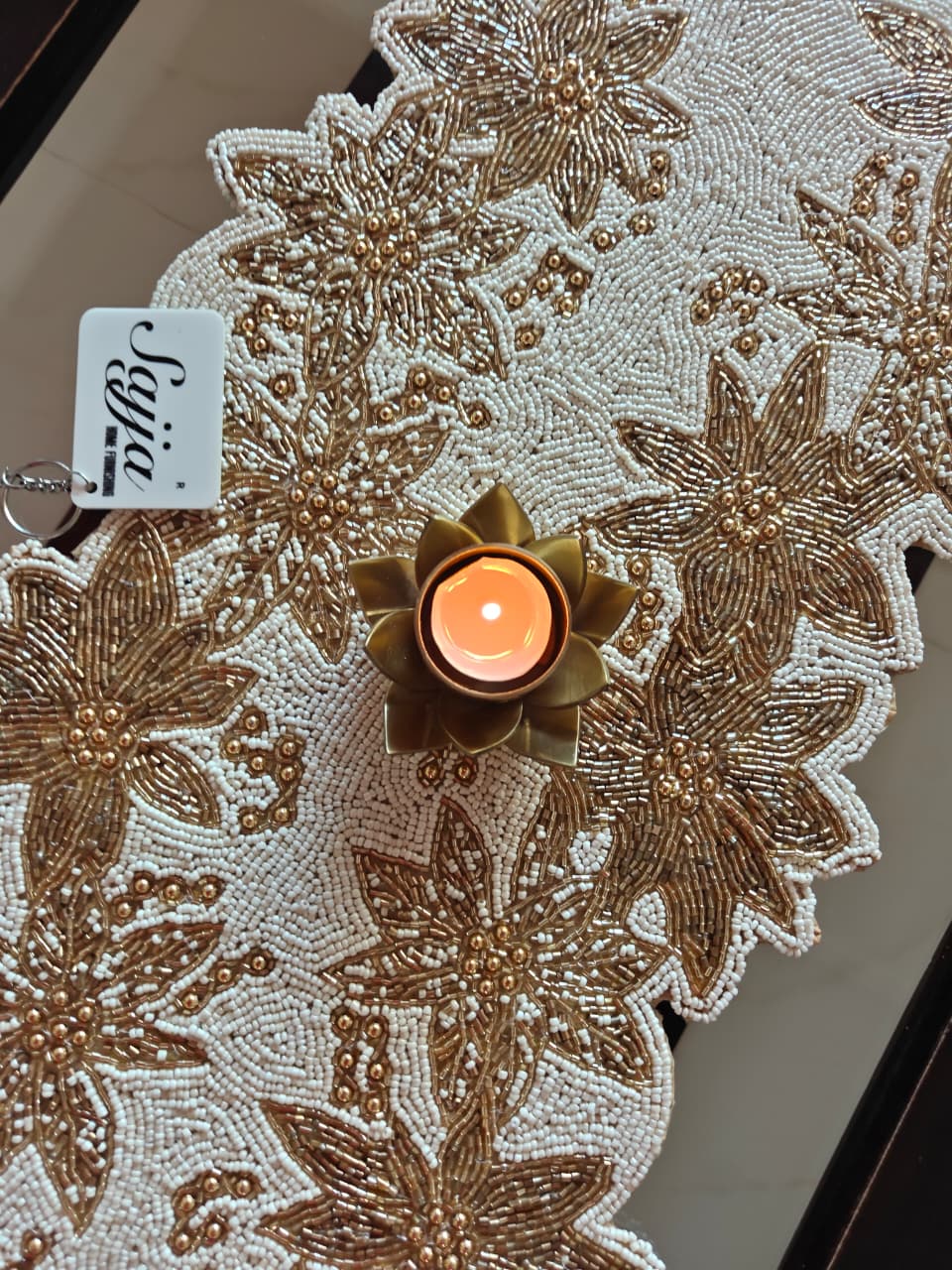 Designer White Gold Glass Beaded Table Runner Home Decor