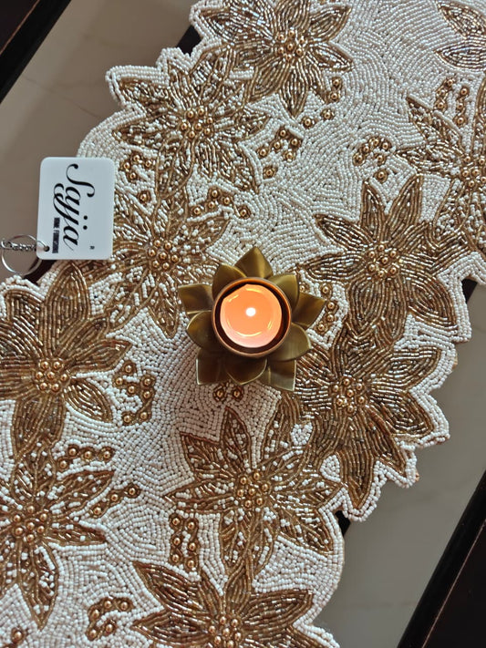 Designer White Gold Glass Beaded Table Runner Home Decor