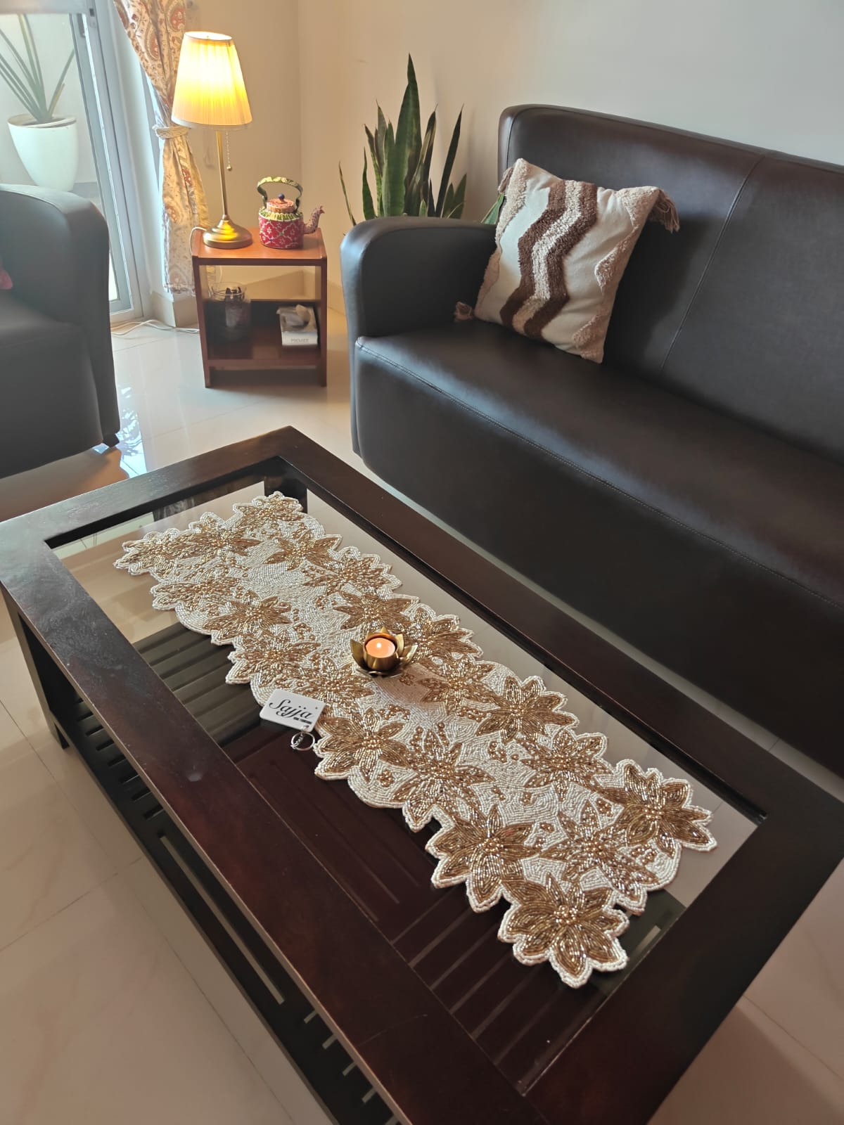 Designer White Gold Glass Beaded Table Runner Home Decor